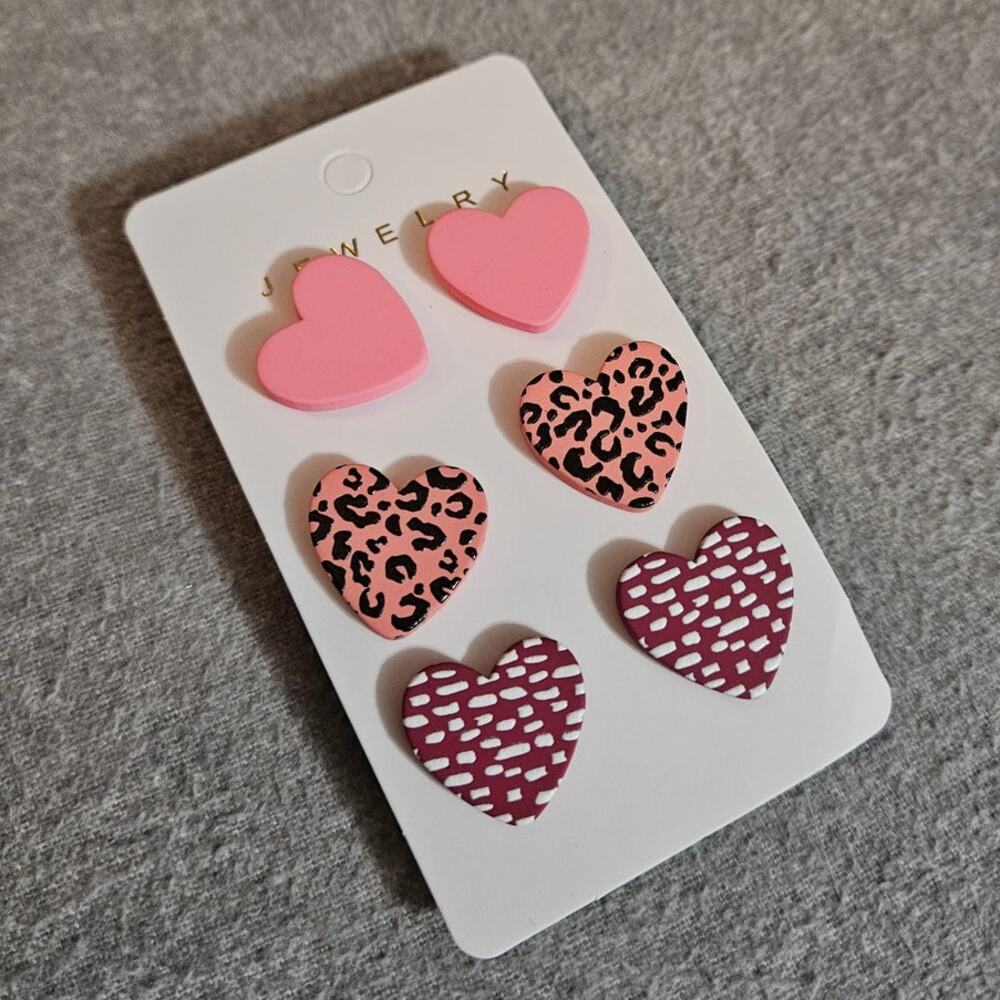 Jewelry Boutique Set of 3 Sweet Heart Stud Earrings Set Solid Pink Leopard Print